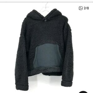 Zella Cassie Black Sherpa Hoodie With Cinch Drawstring..kangaroo Pockets